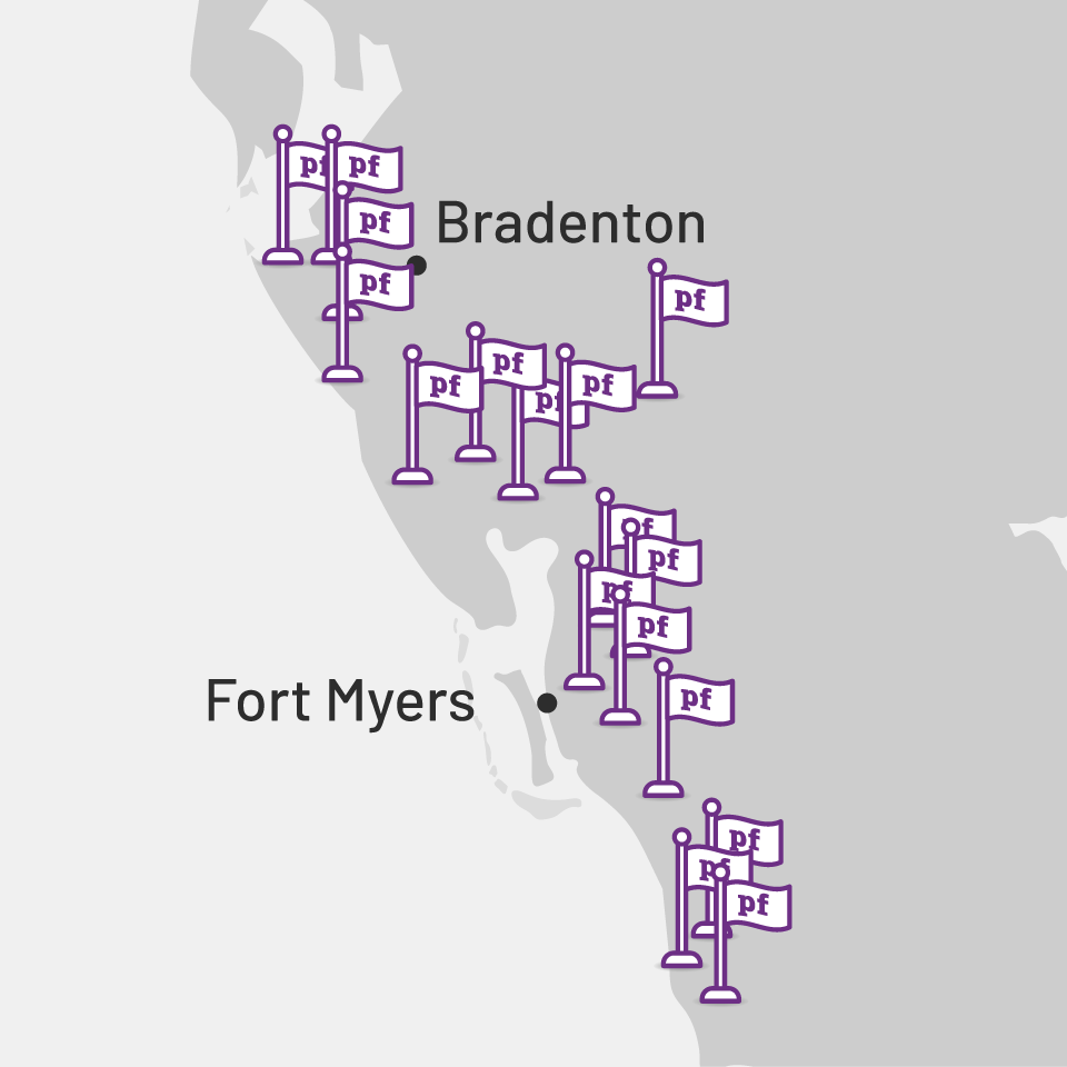 A zoomed in map of Florida shows Easy Mile Fitness's Planet Fitness Clubs in the Bradenton and Fort Myers areas.