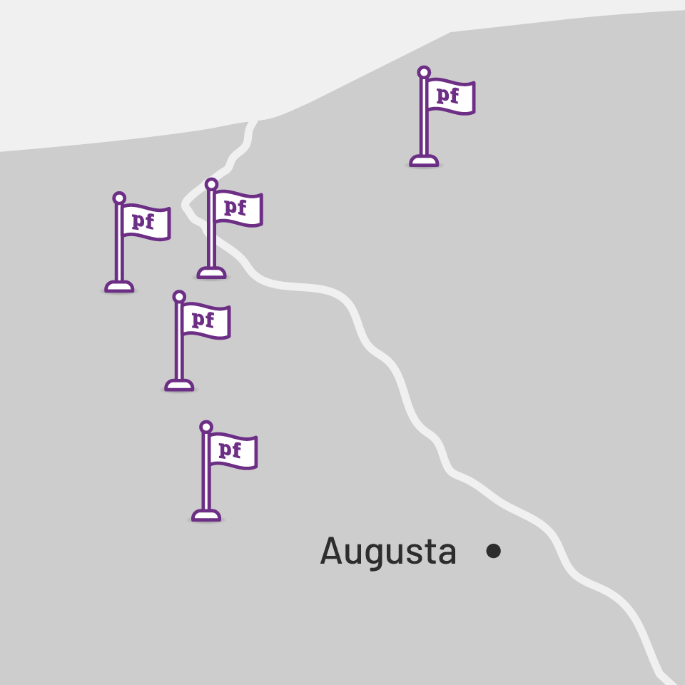 A zoomed in map of Georgia and South Carolina shows Easy Mile Fitness's Planet Fitness Clubs in the Augusta area.