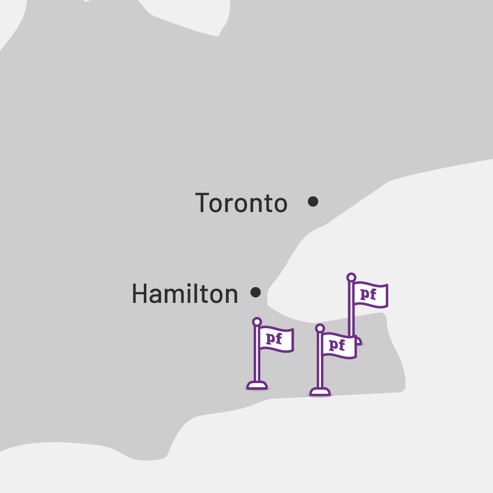 A zoomed-in map of Ontario shows Easy Mile Fitness's Planet Fitness Clubs in the Toronto area.