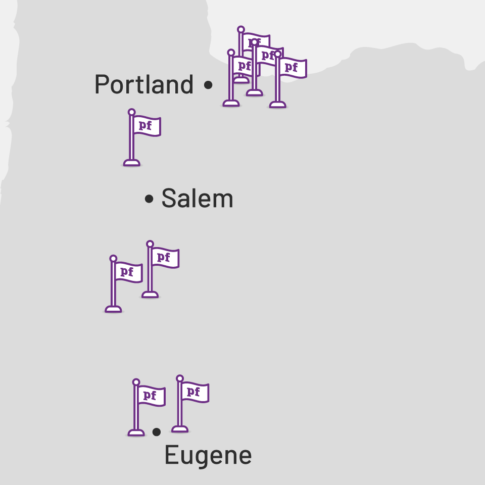 A zoomed-in map of Oregon shows Easy Mile Fitness's Planet Fitness Clubs in the Portland and Eugene areas.