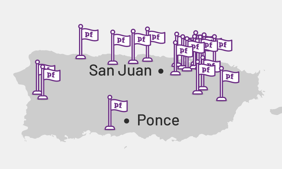 A map of Puerto Rico shows Easy Mile Fitness's Planet Fitness Clubs throughout the island.