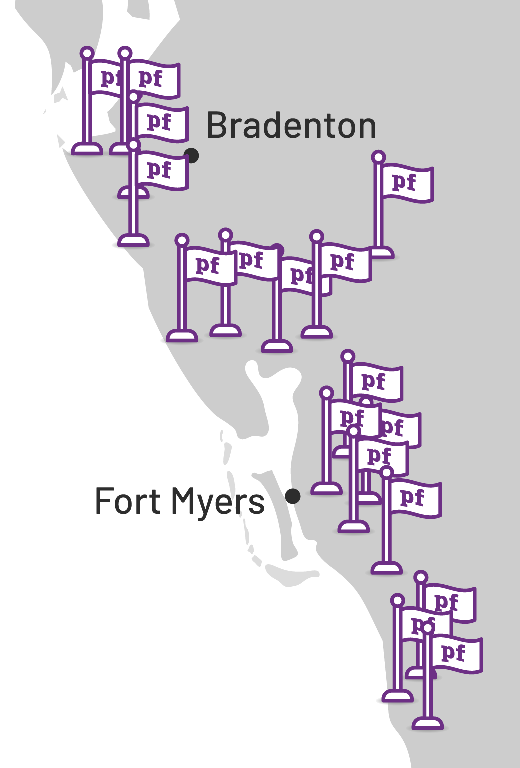 A zoomed in map of Florida shows Easy Mile Fitness's seventeen Planet Fitness Clubs in the Bradenton and Fort Myers areas.