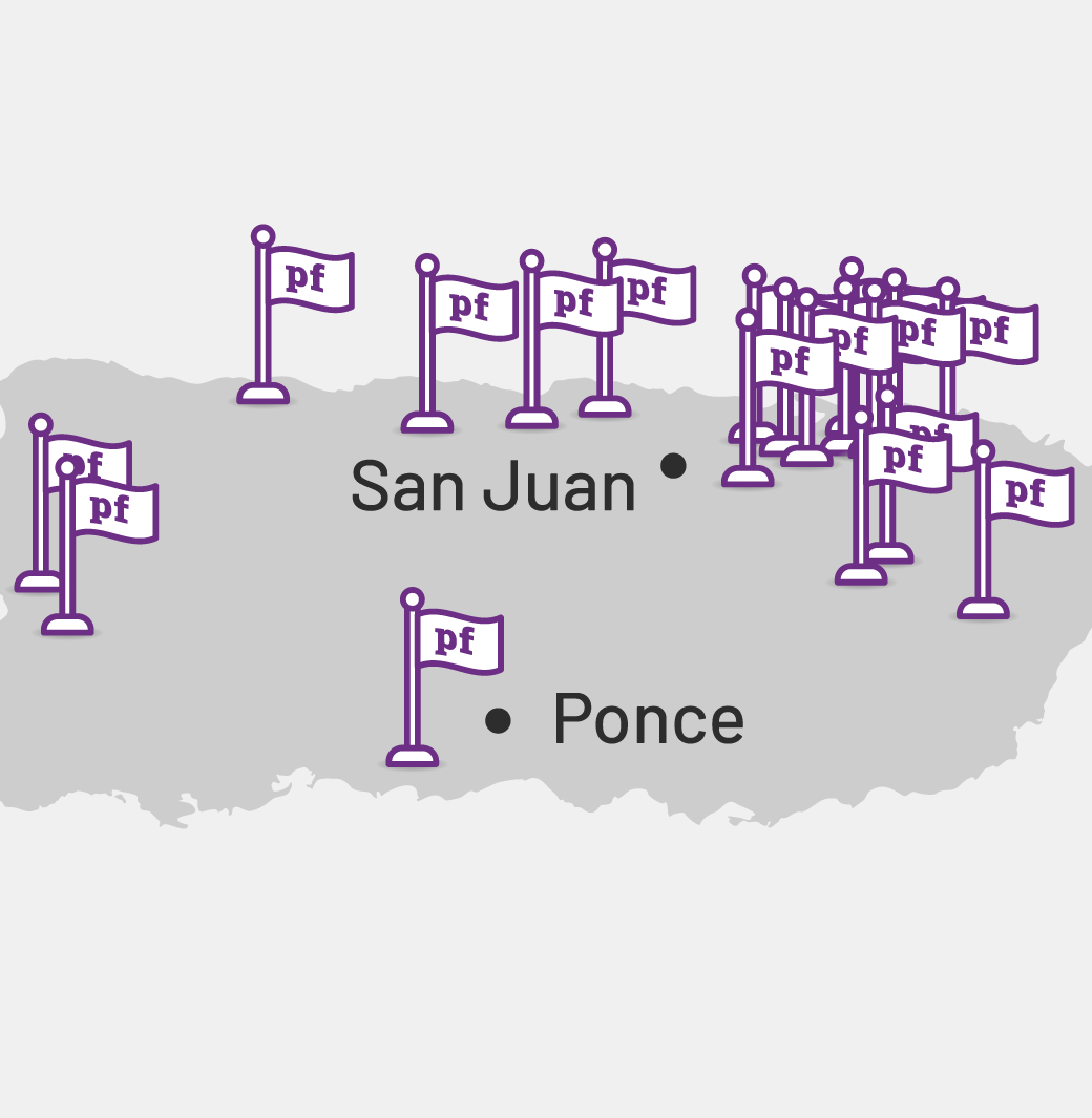 A map of Puerto Rico shows Easy Mile Fitness's Planet Fitness Clubs throughout the island.
